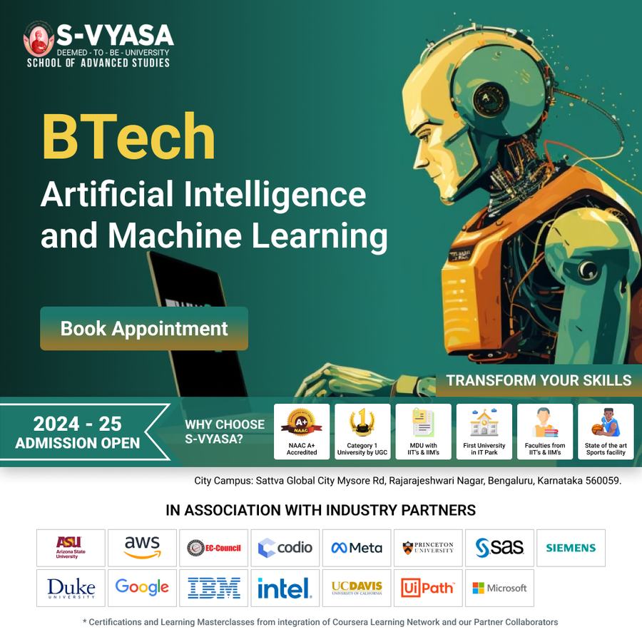 B.Tech Artificial Intelligence & Machine Learning at S-VYASA University (Deemed-to-be-University), Bengaluru/Bangalore